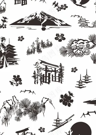 黑白日本元素 富士山古建筑