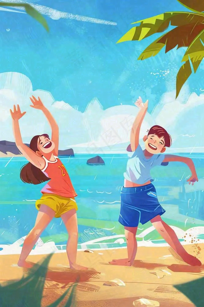 夏至海边沙滩度假玩乐小暑大暑节气插画背景(896x1344)