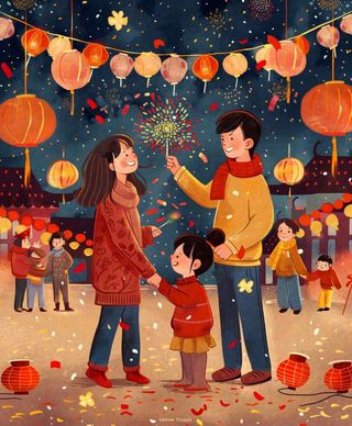 新年一家人游玩张灯结彩热闹喜庆放烟花街道小年除夕春节卡通插画背景