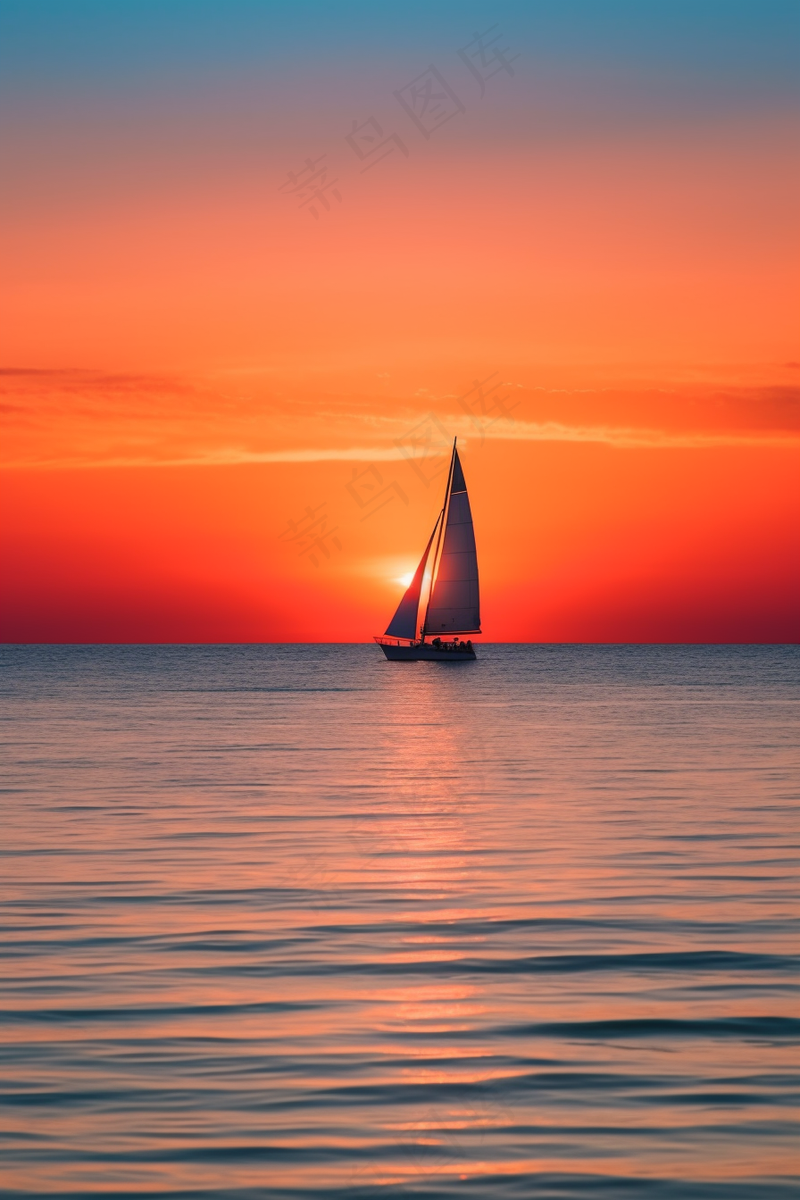 夕阳落日下海洋海面帆船余晖倒影美景摄影图(2688x4032)