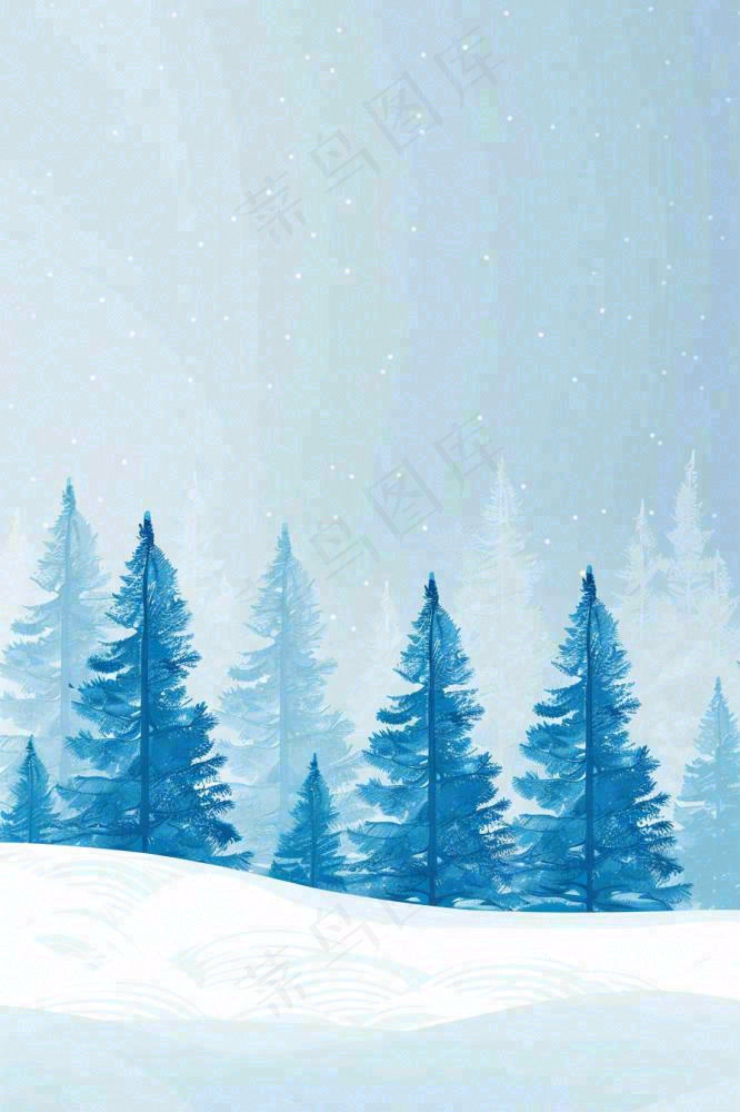冬天白雪下森林松树立冬冬至寒冷插画背景(896x1344)