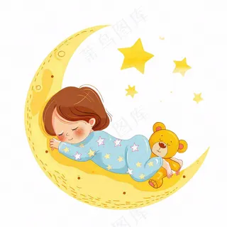 睡在月亮上的小孩微笑世界睡眠日睡觉天气卡通插画免抠
