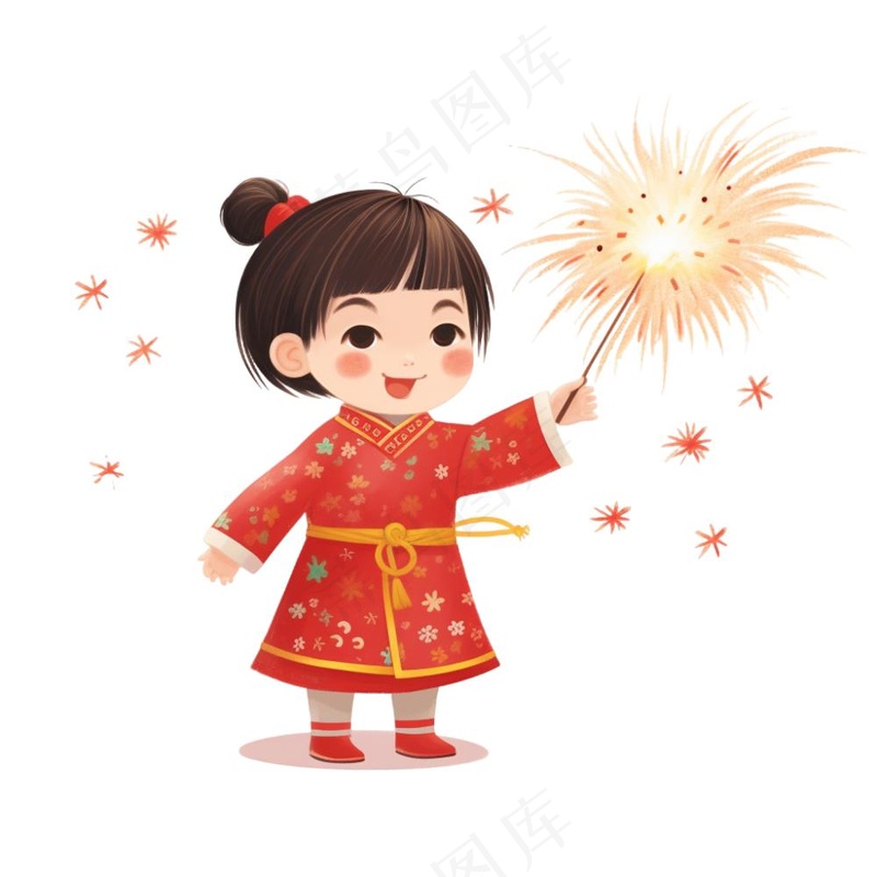 新年放烟花庆祝春节儿童开心过大年卡通插画免抠