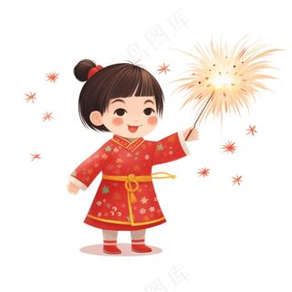新年放烟花庆祝春节儿童开心过大年卡通插画免抠