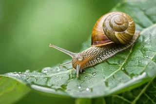 春天绿叶上的蜗牛雨水露珠摄影图