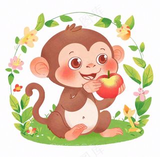 猴子吃苹果丛林植物动物卡通插画免抠