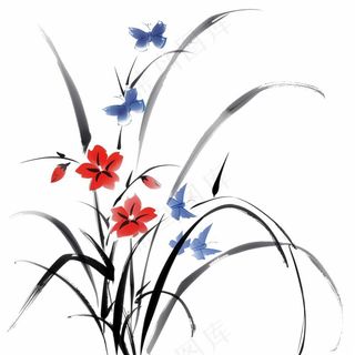 兰花水墨画中国风彩绘插画免抠