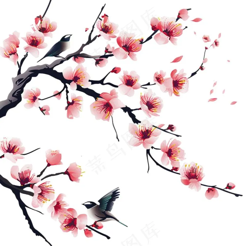 春天桃花树枝小鸟插画免抠(1024x1024)