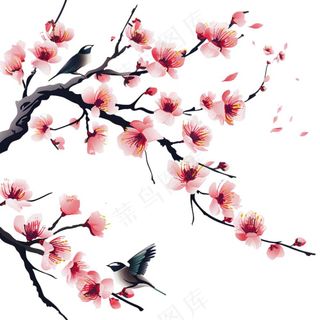 春天桃花树枝小鸟插画免抠