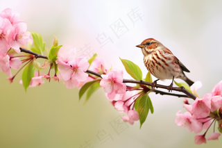 春天桃花树枝上的小鸟摄影图
