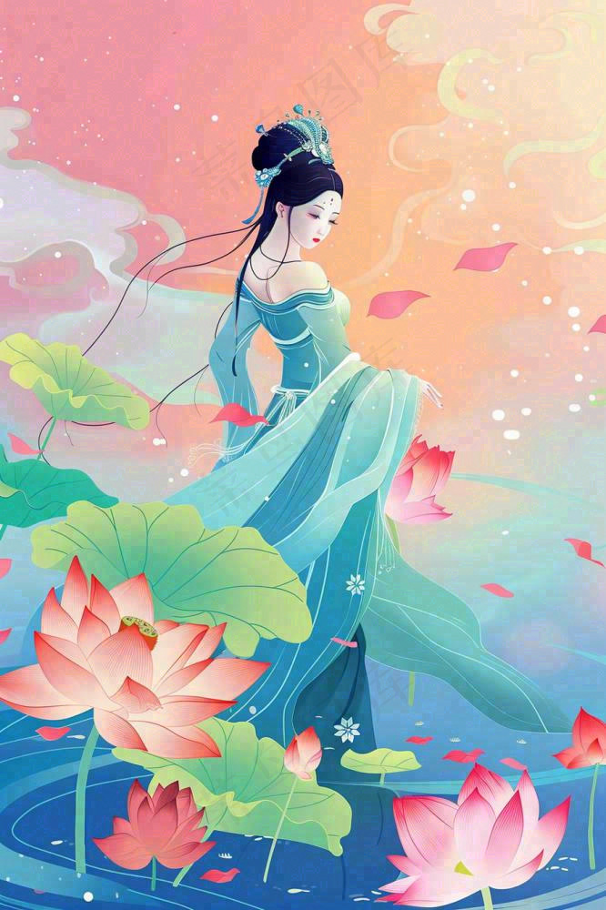 夏天古风国风古装少女荷花莲花池塘夜晚赏月夏至处暑中秋插画背景(896x1344)