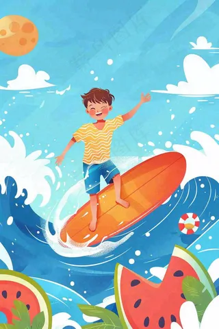 夏日炎热冲浪运动男孩西瓜清凉海鸥立夏夏至小暑大暑卡通插画背景