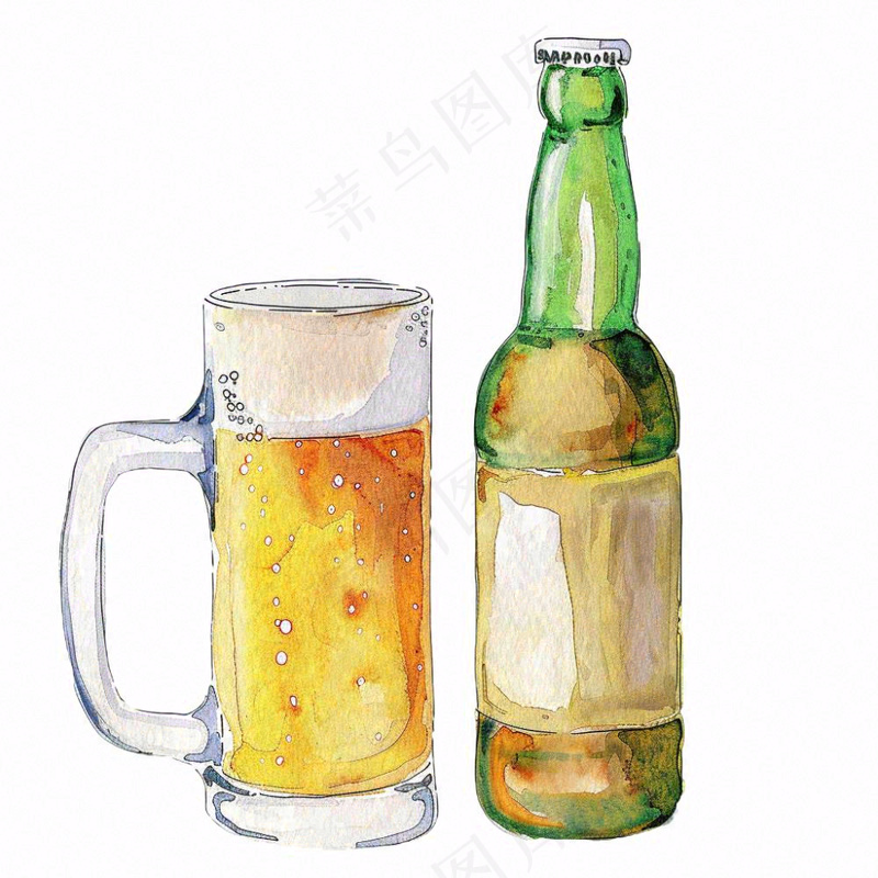 啤酒酒瓶饮料水彩画插画免抠(1024x1024)