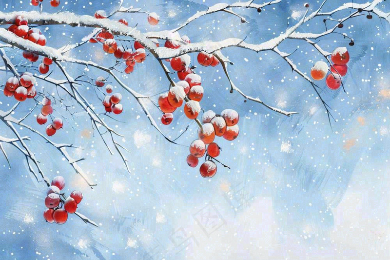 冬天白雪覆盖的红色果实白霜霜降小雪大雪水彩插画背景(1344x896)