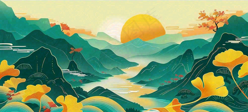 国潮风中国山水秋天落日银杏青山中秋重阳插画背景(1568x706)