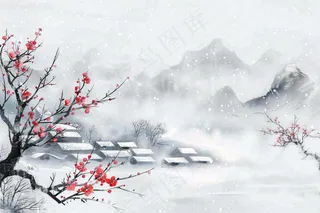 冬天山林里的小村庄红梅花白雪覆盖国风水墨画立冬冬至小雪大雪插画