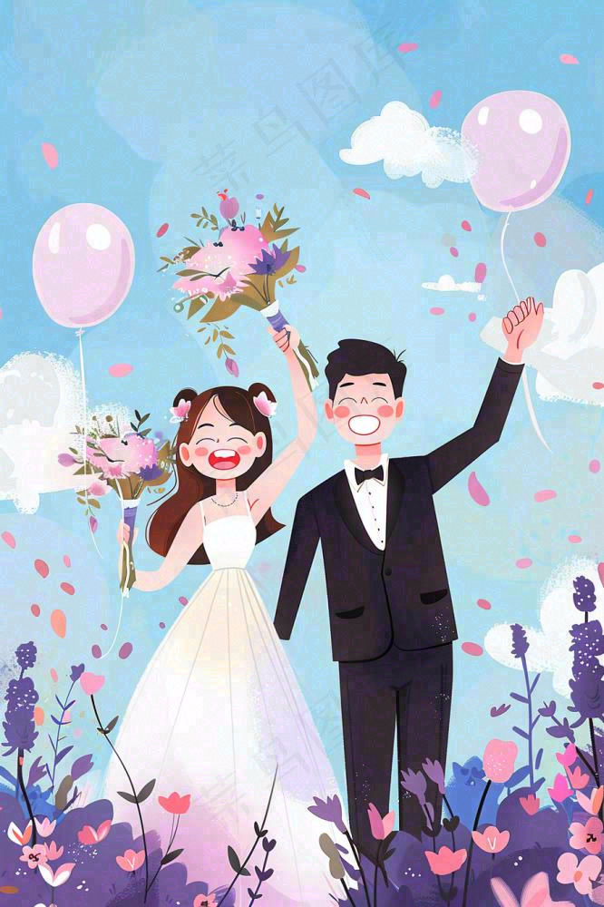 婚礼典礼的夫妻恋人唯美浪漫温馨七夕情人节卡通插画背景(896x1344)