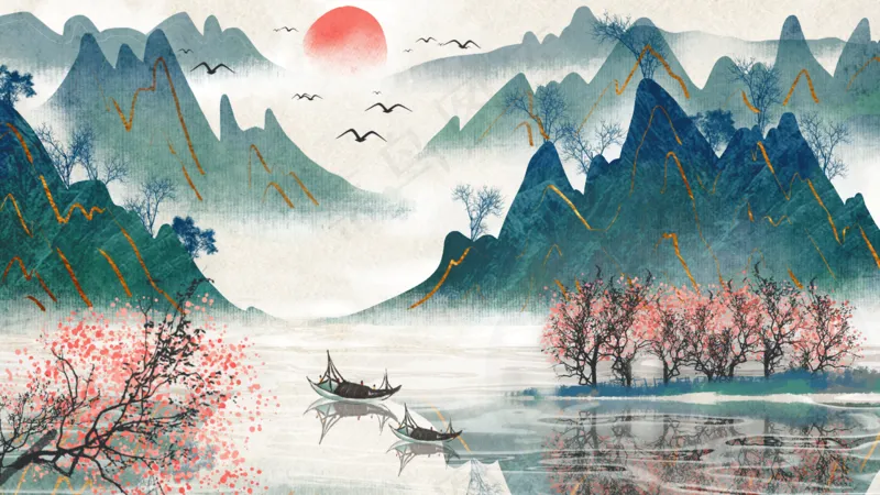 中国风山水彩色国画插画装饰画素材3psd模版下载