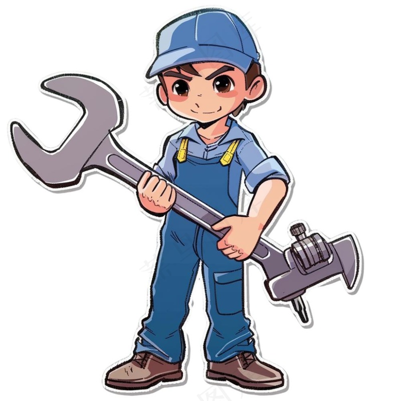 工人工具扳手维修工人劳动五一卡通插画免抠(1024x1024)