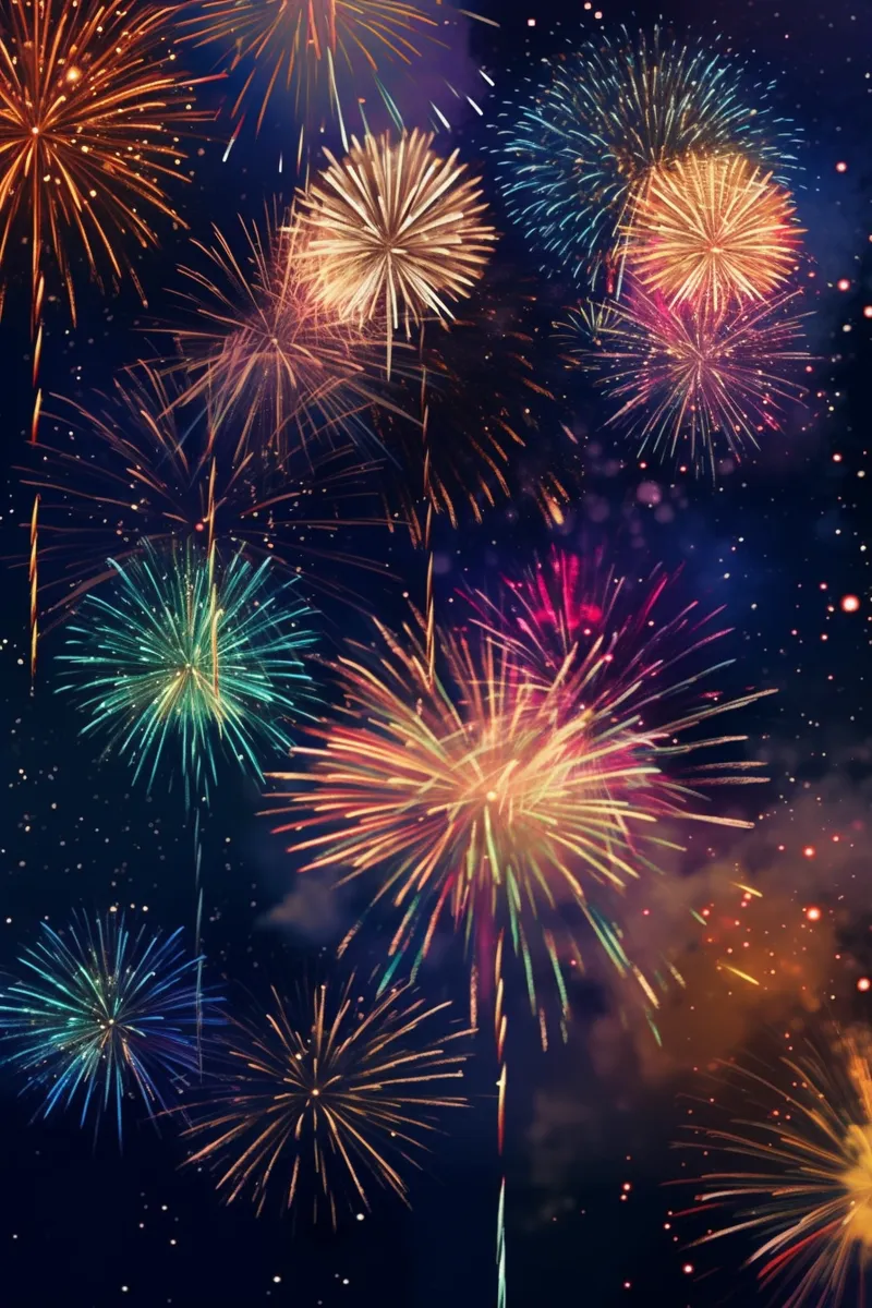烟花五颜六色的烟花庆典新年节日暮色的天空背景摄影图(2688x4032)