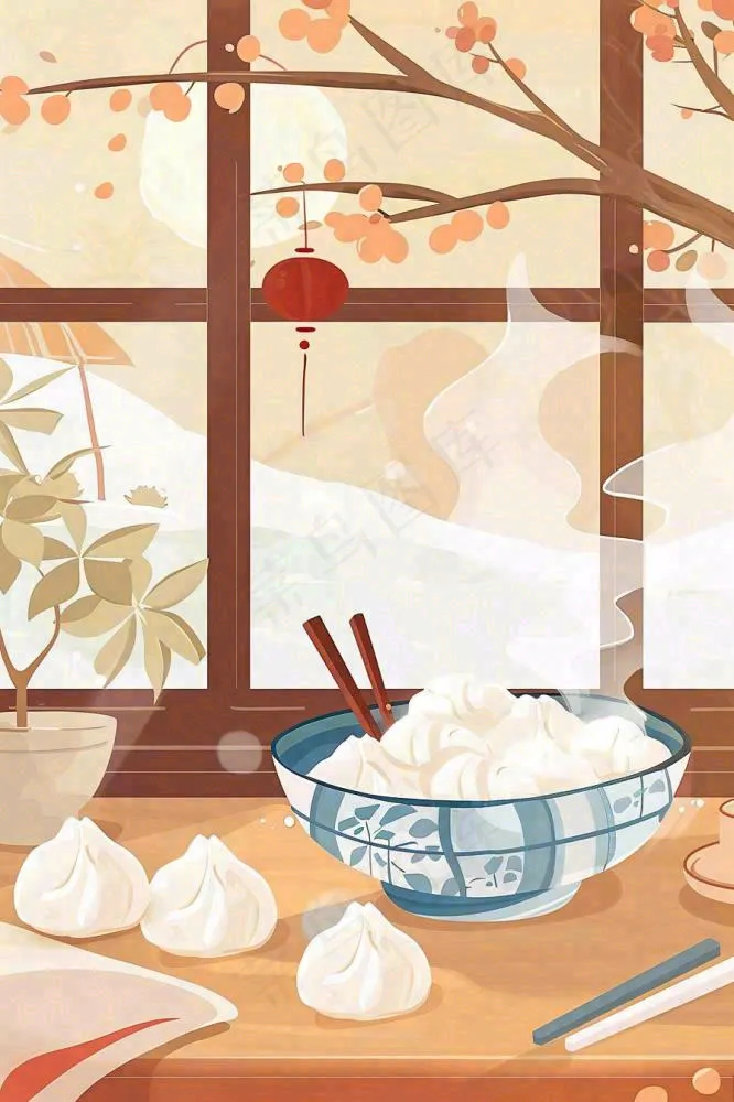 冬至吃饺子中国传统美食节日插画背景(896x1344)
