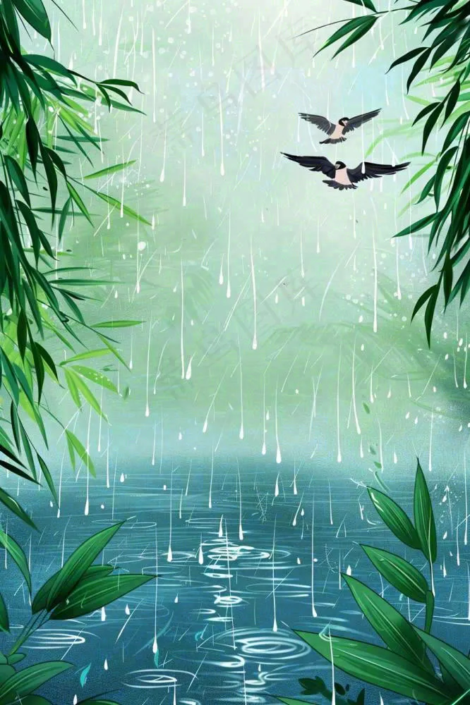 春天大雨磅礴绿叶植物燕子雨滴敲打水面雨水谷雨卡通插画背景(896x1344)
