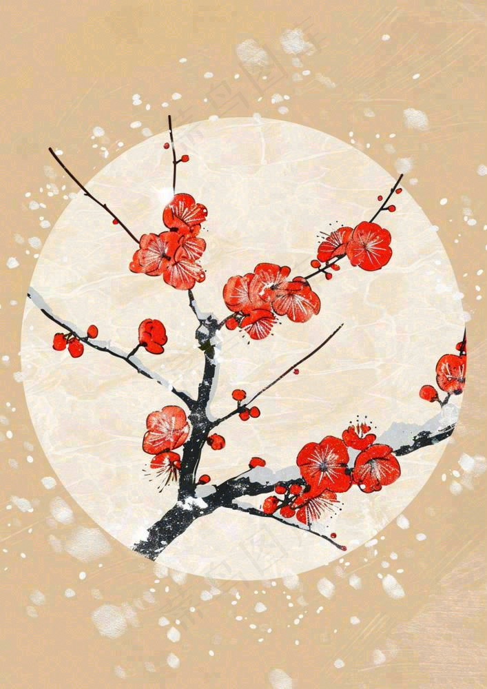 冬天梅花红圆形背景纸张纹理古风国风节日小年插画背景(928x1312)