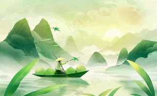 端午时节青山绿水泛舟竹叶中国风插画背景