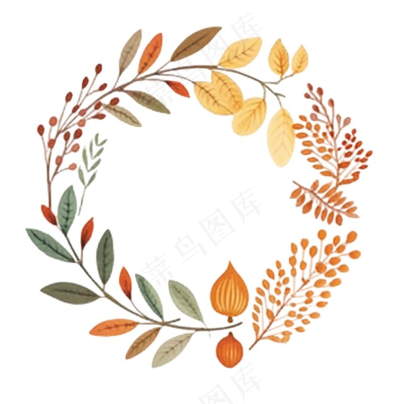 枫叶落叶树叶简约秋天圆形边框水彩画插画免抠