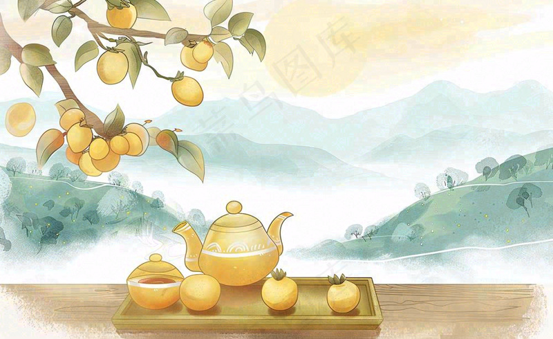 秋天果树杏树下茶壶饮茶卡通插画立秋秋分背景