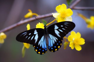 春天蝴蝶飞在黄花树枝上摄影图
