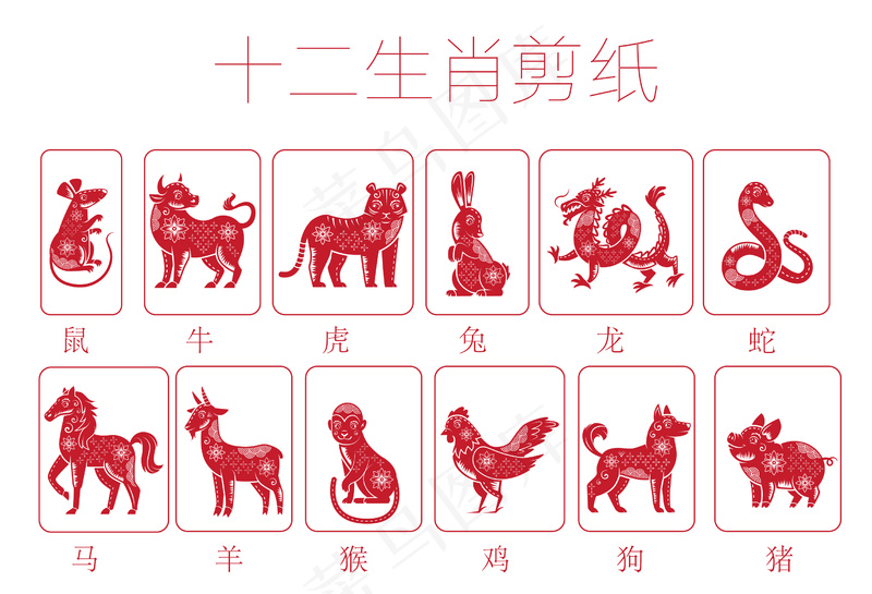 十二生肖剪纸ai矢量模版下载