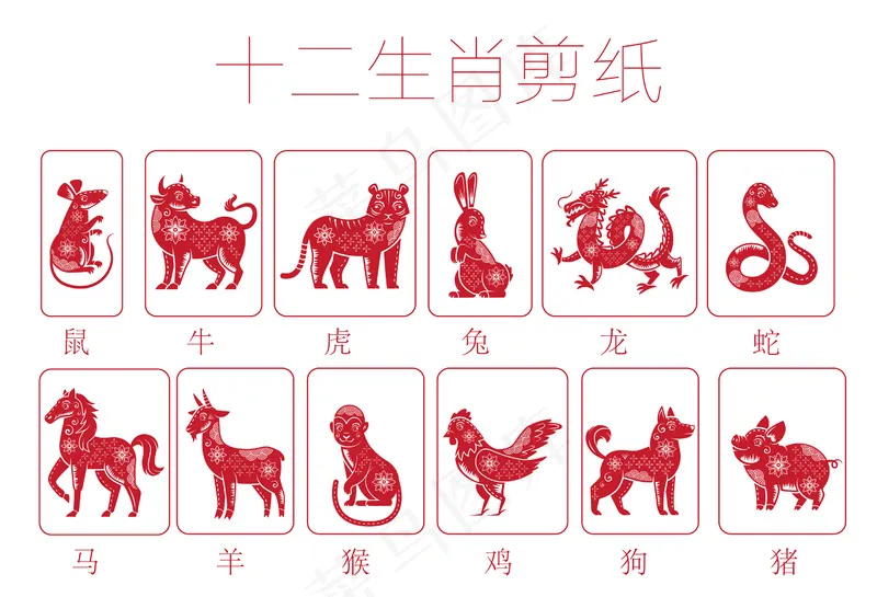 十二生肖剪纸ai矢量模版下载