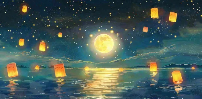 月亮中秋节河灯中元节风景唯美插画背景 月亮中秋节河灯中元节风景唯美插画背景