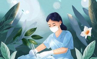 卡通医生护士做手术绿植绿色创意卡通插画背景