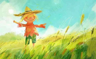 秋天插画唯美清新黄色手绘立秋秋天丰收稻田稻草人风景芒种秋分插画背景