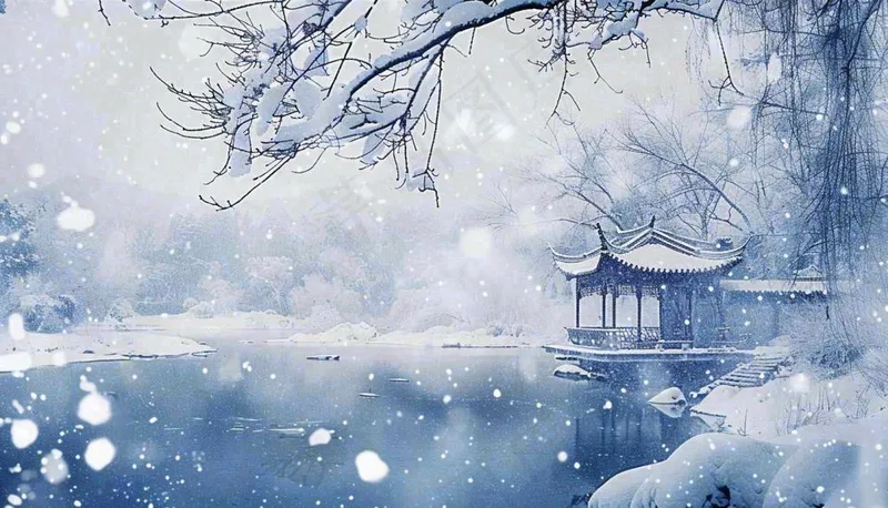 古风水墨中国风风景冬天凉亭雪花大寒小雪大雪插画背景(1408x808)