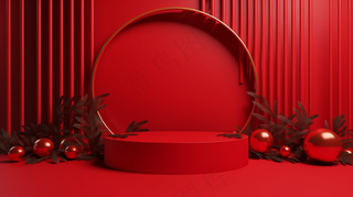 三维渲染的红色中国风电商展台喜庆新春婚庆背景