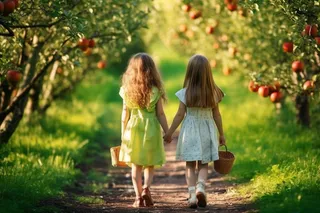 苹果园少女牵手漫步草地小径摄影图