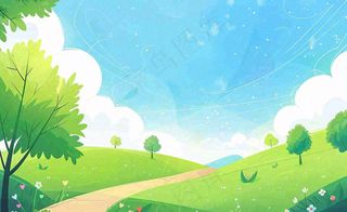 春日风景草地蓝天白云背景立春春分节气绿色卡通插画背景