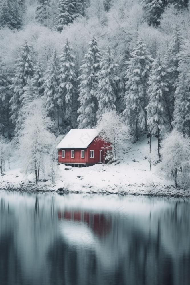雪景小屋树林背景(896x1344)