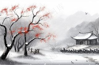冬季山水梅花山峰水墨画中国风插画背景
