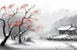 冬季山水梅花山峰水墨画中国风插画背景
