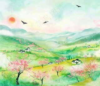 春天春分春暖花开江南山林桃花国画徽式建筑古风水墨插画背景