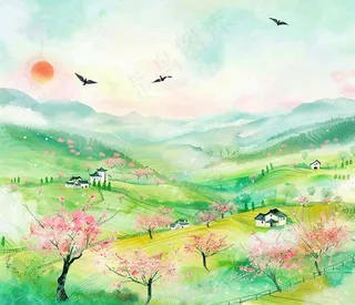 春天春分春暖花开江南山林桃花国画徽式建筑古风水墨插画背景