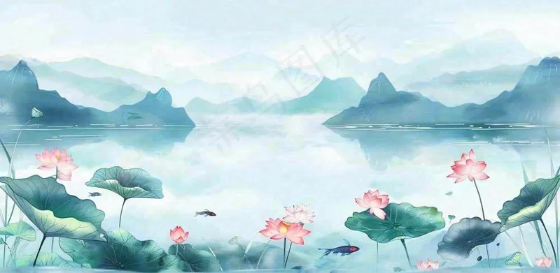 夏天水墨画山水荷花莲花蓝色插画立夏夏至大暑背景(1568x768)