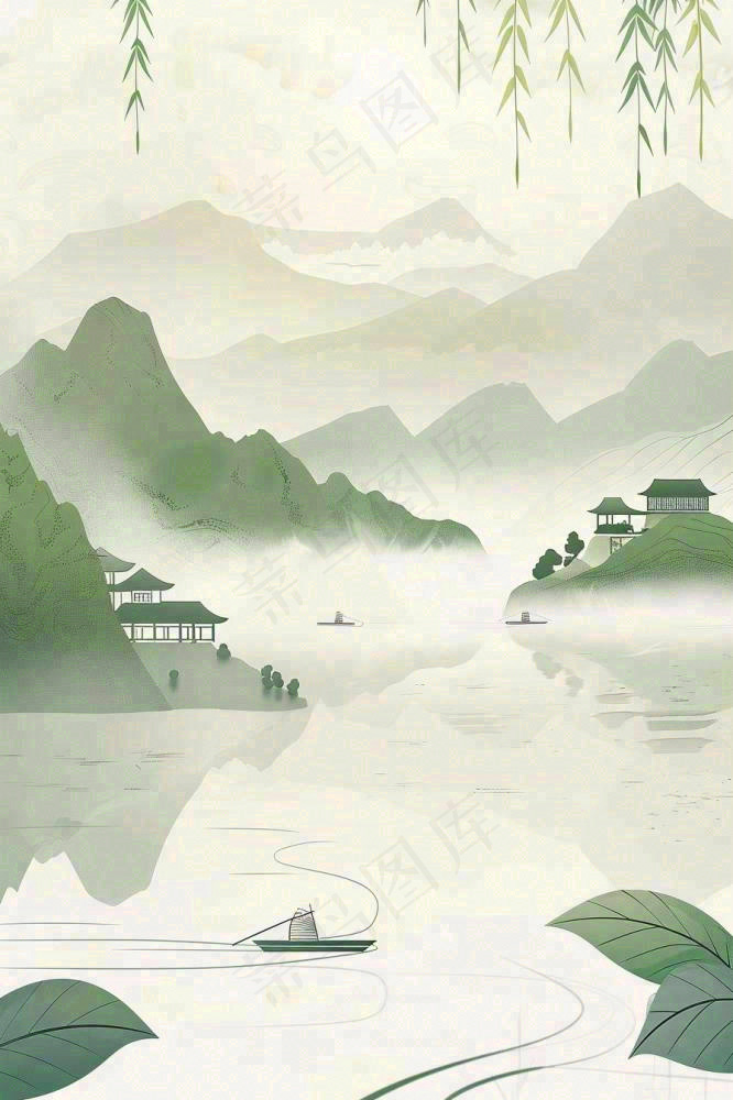 水墨画山水小船绿水青山清明端午插画背景(896x1344)