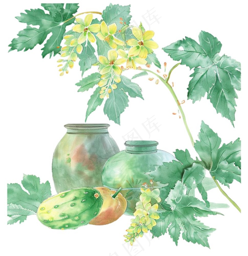 水墨静物清明元素瓷器植物水果插画免抠(1024x1056)