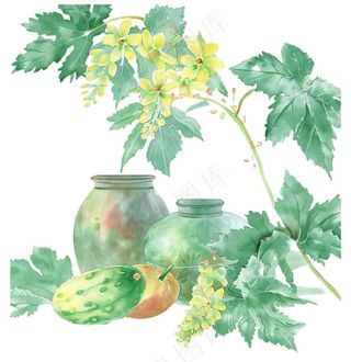 水墨静物清明元素瓷器植物水果插画免抠
