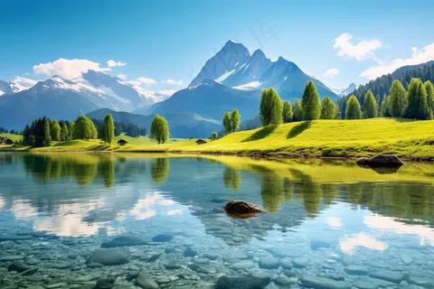 新疆欧洲雪山山脉下湖泊倒影摄影图 新疆欧洲雪山山脉下湖泊倒影摄影图